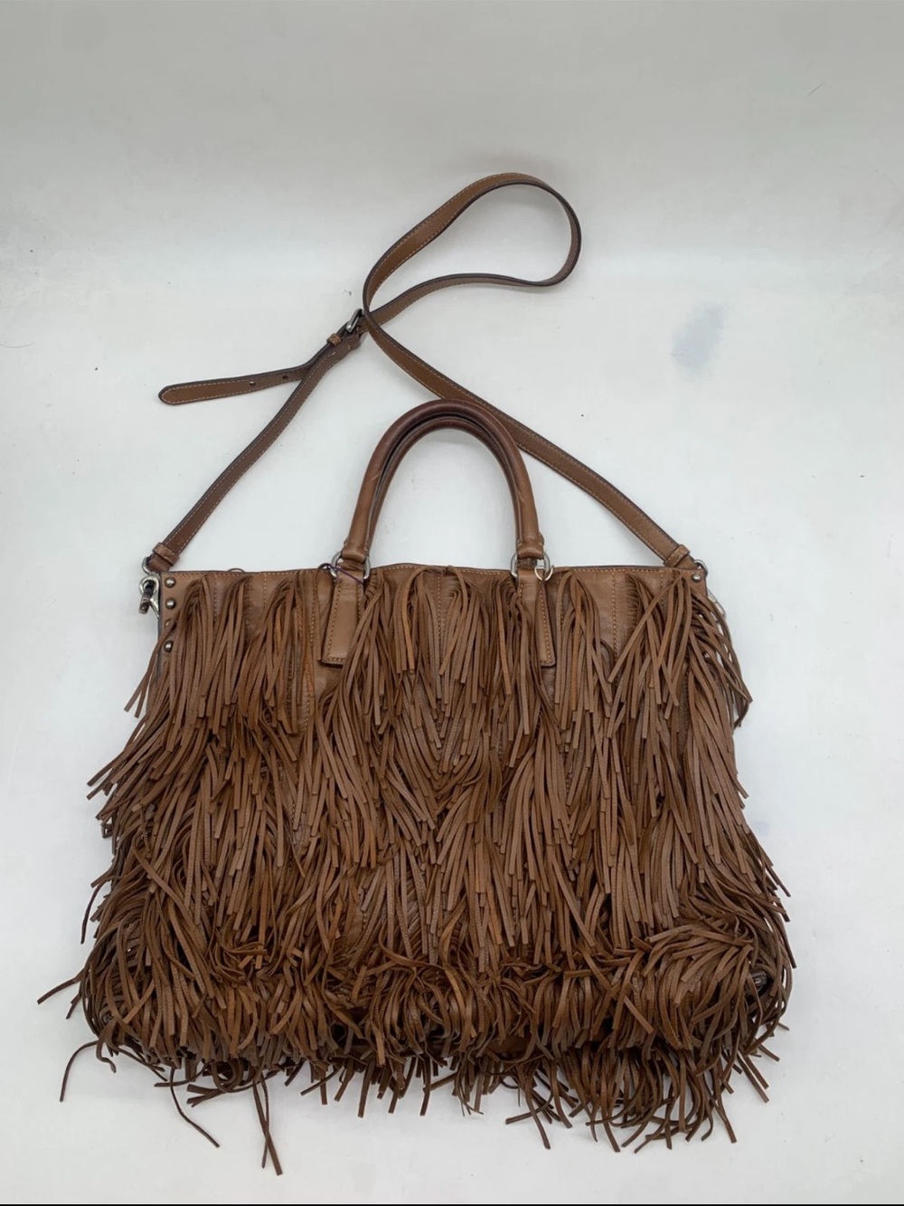 Prada large Brown Leather Fringe tote with Shoulder Strap studs - Picture 12 of 12